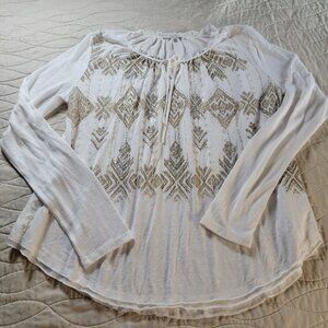 Miss Me Beaded Peasant Top Gauzy Tribal Print Size LARGE Tie-Neck Long Sleeves